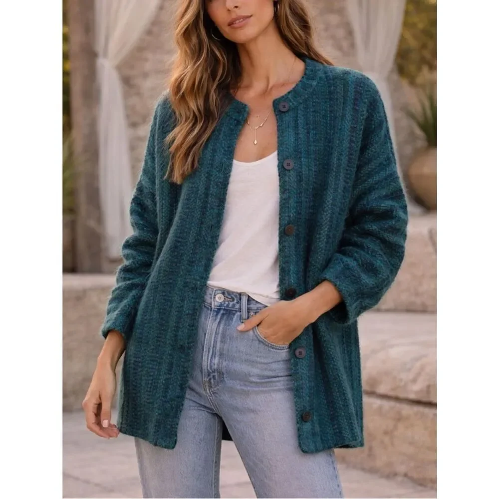 Vintage Dominique Maranda Wool Mohair Sweater Jacket Blue Green Size L